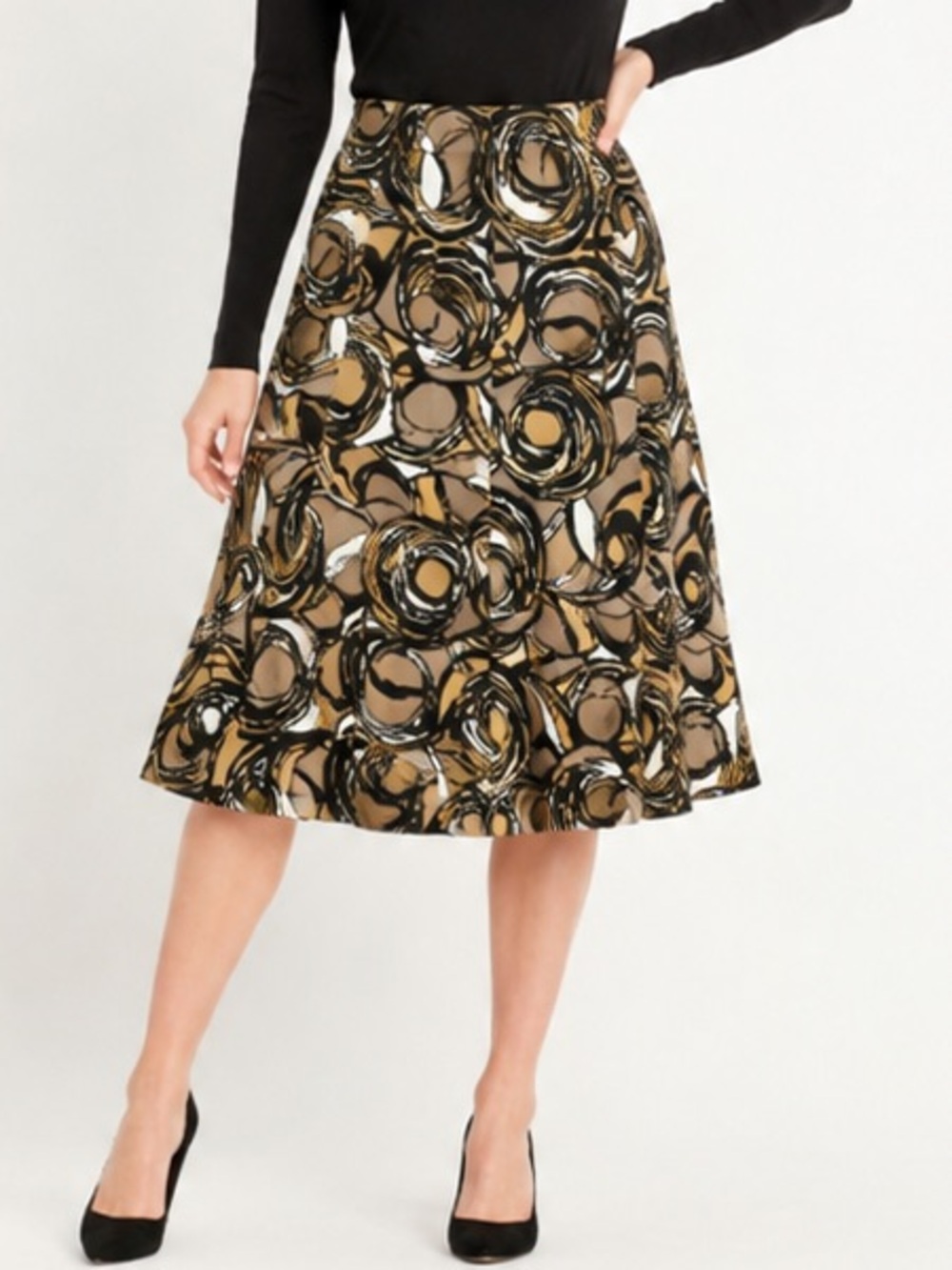 Talbots Black and Tan A-Line Swirl Print Skirt